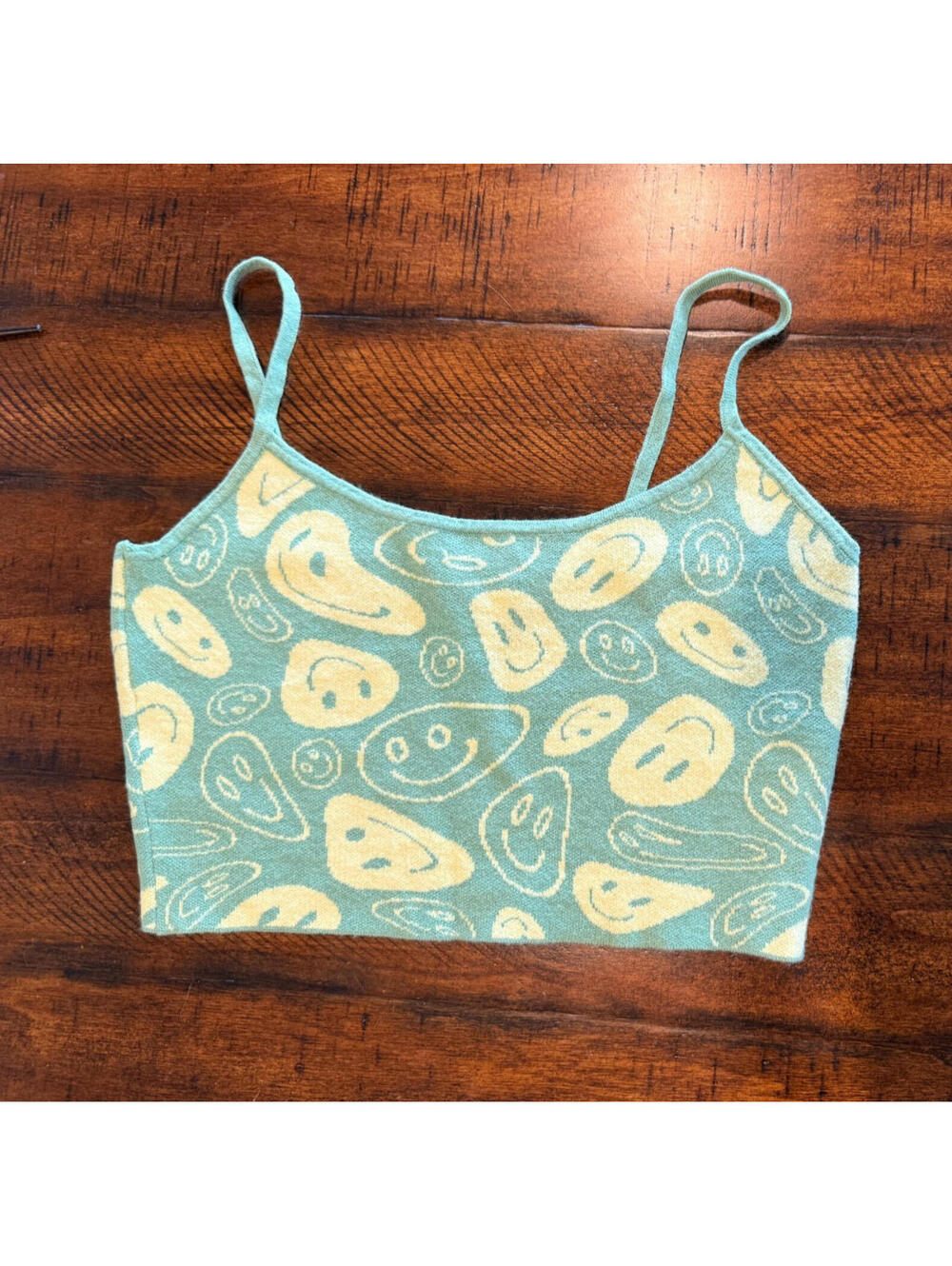 PACSUN Smiley Face Crop Top - Green & Yellow, Size Medium